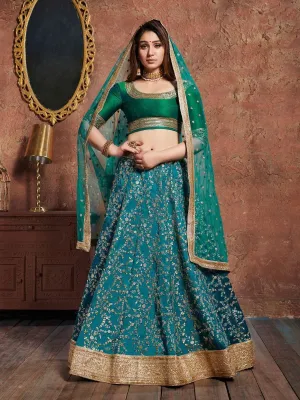 Green Art Silk Floral & Zari Embroidered Lehenga Choli Set with Soft Net Dupatta