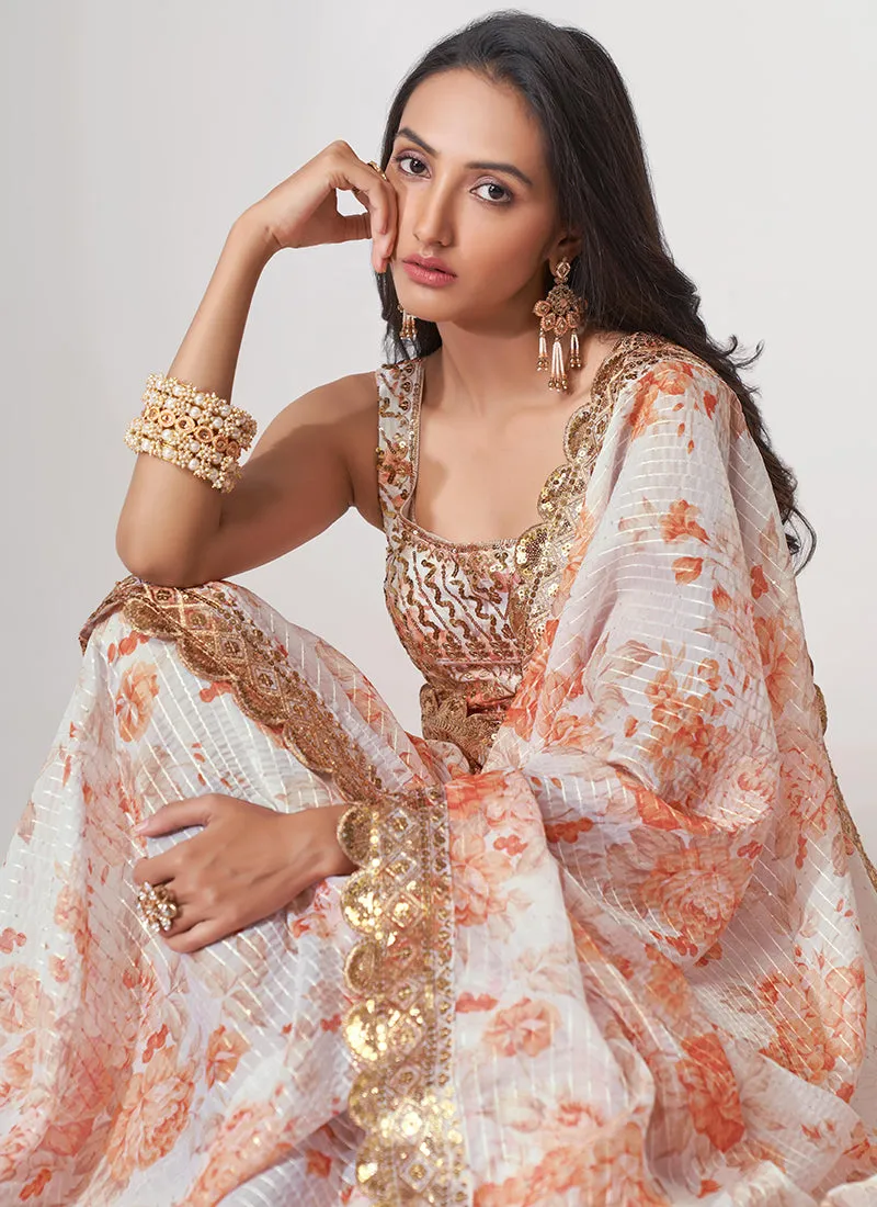 White Floral Print And Sequence Embroidery Organza Saree